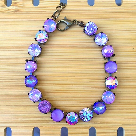 Jewelry - Amethyst, Violet, + iridescent Purple Opal Antique Brass Crystal Tennis Bracelet